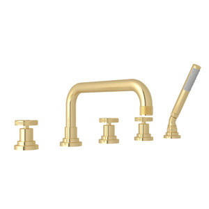Campo 5-Hole Deck Mount Tub Filler - Satin Unlacquered Brass with Industrial Metal Wheel Handle | Model Number: A3314IWSUB - Product Knockout
