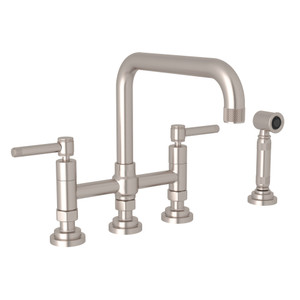 Campo Deck Mount U-Spout 3 Leg Bridge Faucet with Sidespray - Satin Nickel with Industrial Metal Lever Handle | Model Number: A3358ILWSSTN-2 - Product Knockout