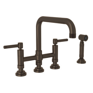 Campo Deck Mount U-Spout 3 Leg Bridge Faucet with Sidespray - Tuscan Brass with Industrial Metal Lever Handle | Model Number: A3358ILWSTCB-2 - Product Knockout