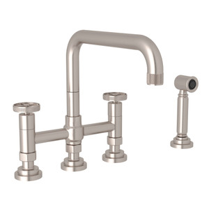 Campo Deck Mount U-Spout 3 Leg Bridge Faucet with Sidespray - Satin Nickel with Industrial Metal Wheel Handle | Model Number: A3358IWWSSTN-2 - Product Knockout