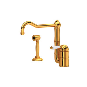 Acqui Single Hole Column Spout Kitchen Faucet with Sidespray - Italian Brass with White Porcelain Lever Handle | Model Number: A3608LPWSIB-2 - Product Knockout