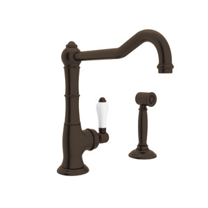 DISCONTINUED-Cinquanta Single Hole Column Spout Kitchen Faucet with Sidespray and Extended Spout - Tuscan Brass with White Porcelain Lever Handle | Model Number: A3650/11LPWSTCB-2 - Product Knockout