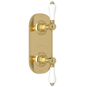 1/2 Inch Thermostatic and Diverter Control Trim - Unlacquered Brass with White Porcelain Lever Handle | Model Number: A4964LPULB - Product Knockout