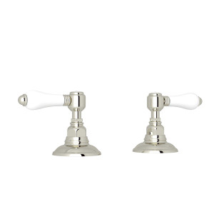 DISCONTINUED-Set of Hot and Cold 3/4 Inch Sidevalves - Polished Nickel with White Porcelain Lever Handle | Model Number: A7422LPPN - Product Knockout