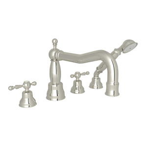 DISCONTINUED-Arcana Column Spout 4-Hole Deck Mount Tub Filler with Handshower - Polished Nickel with Ornate Metal Lever Handle | Model Number: AC262L-PN - Product Knockout