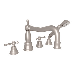 DISCONTINUED-Arcana Column Spout 4-Hole Deck Mount Tub Filler with Handshower - Satin Nickel with Ornate Metal Lever Handle | Model Number: AC262L-STN - Product Knockout