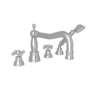 DISCONTINUED-Arcana Column Spout 4-Hole Deck Mount Tub Filler with Handshower - Polished Chrome with Cross Handle | Model Number: AC262X-APC - Product Knockout