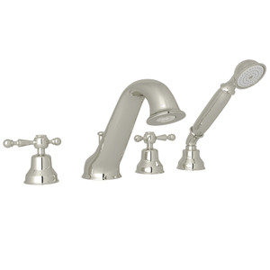 DISCONTINUED-Arcana 4-Hole Deck Mount Tub Filler and Handshower - Polished Nickel with Ornate Metal Lever Handle | Model Number: AC26L-PN - Product Knockout