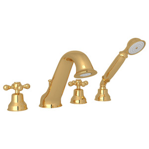DISCONTINUED-Arcana 4-Hole Deck Mount Tub Filler and Handshower - Italian Brass with Cross Handle | Model Number: AC26X-IB - Product Knockout