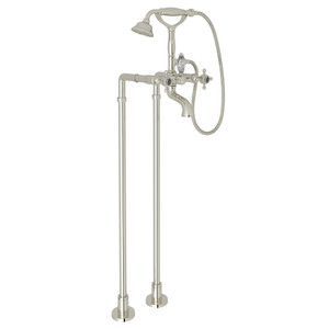 DISCONTINUED-Exposed Floor Mount Tub Filler with Handshower and Floor Pillar Legs or Supply Unions - Polished Nickel with Crystal Cross Handle | Model Number: AKIT1401NXCPN - Product Knockout