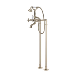 Exposed Floor Mount Tub Filler with Handshower and Floor Pillar Legs or Supply Unions - Satin Nickel with Cross Handle | Model Number: AKIT1401NXMSTN - Product Knockout