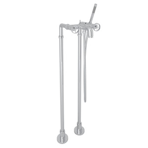Campo Exposed Floor Mount Tub Filler with Handshower and Floor Pillar Legs or Supply Unions - Polished Chrome with Industrial Metal Wheel Handle | Model Number: AKIT3302NIWAPC - Product Knockout