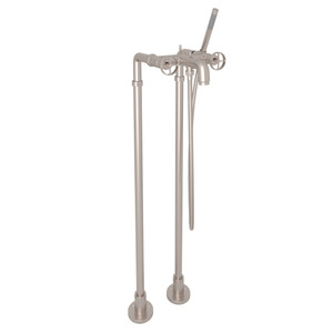Campo Exposed Floor Mount Tub Filler with Handshower and Floor Pillar Legs or Supply Unions - Satin Nickel with Industrial Metal Wheel Handle | Model Number: AKIT3302NIWSTN - Product Knockout