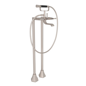 Bellia Exposed Floor Mount Tub Filler with Handshower and Floor Pillar Legs or Supply Unions - Satin Nickel with Metal Lever Handle | Model Number: BE420L-STN - Product Knockout