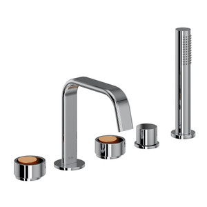 Robinet de bain à 5 trous sur comptoir à bec en U Eclissi - Chrome poli avec accent Or satiné et poignée circulaire  | Numéro de modèle: EC05D5IWPCG - Produit épuisé