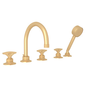 DISCONTINUED-Graceline 5-Hole Deck Mount Tub Filler - Satin Brass with Metal Dial Handle | Model Number: MB2050DMSTB - Product Knockout