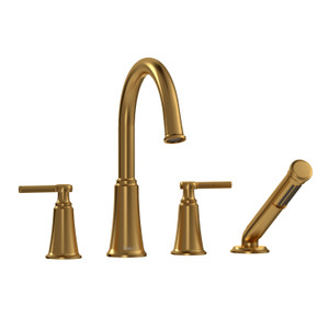 Momenti 4-Hole Deck Mount Tub Filler with C-Spout  - Brushed Gold with Lever Handles | Model Number: MMRD12LBG - Product Knockout