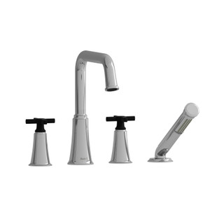  Garniture​​​​​​​ de robinet de bain​​​​​​​ sur comptoir 4 trous   avec bec en U Momenti​​​​​​​ - Chrome et Noir avec poignées en croix​​​​​​​  | Numéro de modèle: MMSQ12+CBK - Produit épuisé