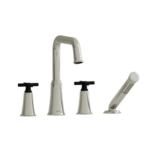  Garniture​​​​​​​ de robinet de bain​​​​​​​ sur comptoir 4 trous   avec bec en U Momenti​​​​​​​ - Nickel poli et Noir avec poignées en croix  | Numéro de modèle: MMSQ12+PNBK - Produit épuisé