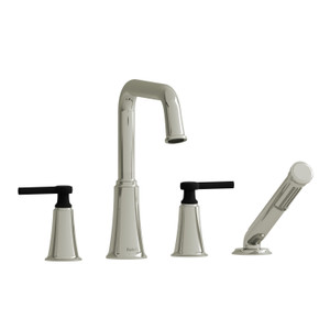  Garniture​​​​​​​ de robinet de bain​​​​​​​ sur comptoir 4 trous   avec bec en U Momenti​​​​​​​ - Nickel Poli et Noir avec poignées à levier  | Numéro de modèle: MMSQ12LPNBK - Produit épuisé