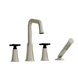  Garniture​​​​​​​ de robinet de bain​​​​​​​ sur comptoir 4 trous   avec bec en U Momenti​​​​​​​ - Nickel poli et Noir avec poignées en croix​​​​​​​  | Numéro de modèle: MMSQ12XPNBK - Produit épuisé