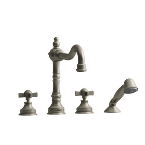 Robinet de bain sur comptoir 4 trous Retro​​​​​​​ - Nickel brossé avec poignées en croix  | Numéro de modèle: RT12XBN - Produit épuisé