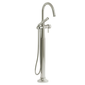 Momenti Single Hole Floor Mount Tub Filler Trim with C-Spout  - Polished Nickel with J-Shaped Handles | Model Number: TMMRD39JPN - Product Knockout