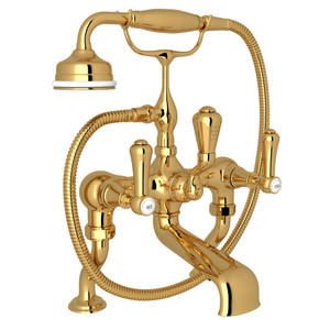 Georgian Era Exposed Deck Mount Tub Filler with Handshower - Unlacquered Brass with White Porcelain Lever Handle | Model Number: U.3000LSP/1-ULB - Product Knockout