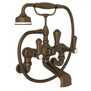 Georgian Era Exposed Wall Mount Tub Filler with Handshower - English Bronze with White Porcelain Lever Handle | Model Number: U.3006LSP/1-EB - Product Knockout