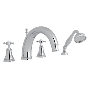 Georgian Era 4-Hole Deck Mount C-Spout Tub Filler with Handshower - Polished Chrome with Cross Handle | Model Number: U.3649X-APC - Product Knockout