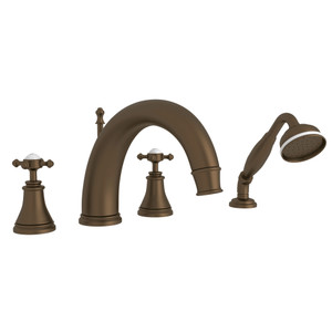 Georgian Era 4-Hole Deck Mount C-Spout Tub Filler with Handshower - English Bronze with Cross Handle | Model Number: U.3649X-EB - Product Knockout