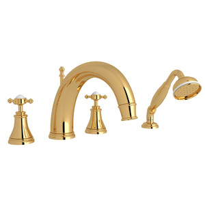 Georgian Era 4-Hole Deck Mount C-Spout Tub Filler with Handshower - English Gold with Cross Handle | Model Number: U.3649X-EG - Product Knockout