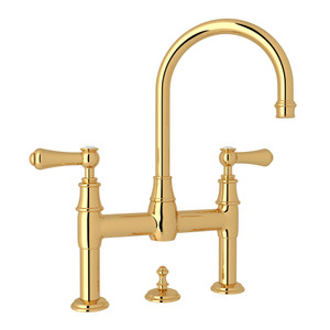 Georgian Era Deck Mount Bathroom Bridge Faucet - English Gold with White Porcelain Lever Handle | Model Number: U.3708LSP-EG-2 - Product Knockout