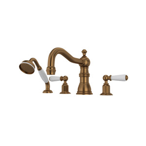 Robinet de bain à bec vertical sur comptoir à 4 trous avec douchette Edwardian - Bronze anglais avec poignée à levier en métal  | Numéro de modèle: U.3745L-EB - Produit épuisé