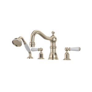 Edwardian 4-Hole Deck Mount Column Spout Tub Filler with Handshower - Satin Nickel with Metal Lever Handle | Model Number: U.3745L-STN - Product Knockout