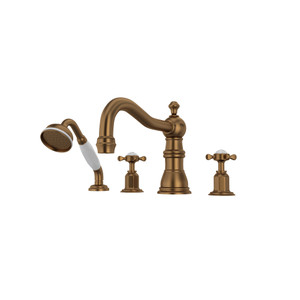 Edwardian 4-Hole Deck Mount Column Spout Tub Filler with Handshower - English Bronze with Cross Handle | Model Number: U.3746X-EB - Product Knockout