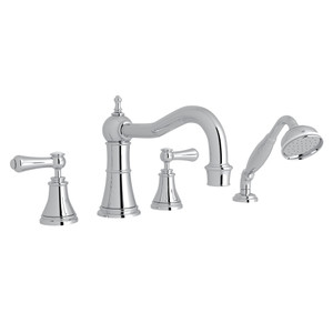 Robinet de bain à bec vertical et 4 trous sur comptoir avec douchette Georgian Era - Chrome poli avec poignée à levier en porcelaine blanche  | Numéro de modèle: U.3747LSP-APC - Produit épuisé