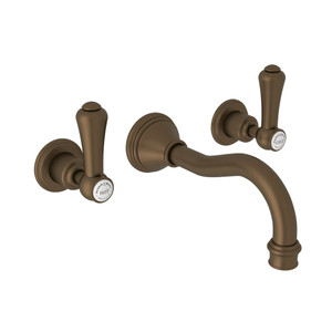 Georgian Era Wall Mount Widespread Bathroom Faucet - English Bronze with White Porcelain Lever Handle | Model Number: U.3793LSP-EB/TO-2 - Product Knockout