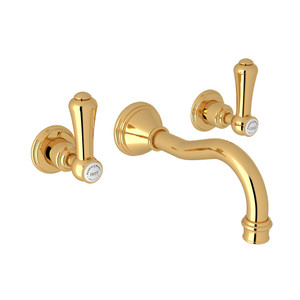 Georgian Era Wall Mount Widespread Bathroom Faucet - English Gold with White Porcelain Lever Handle | Model Number: U.3793LSP-EG/TO-2 - Product Knockout