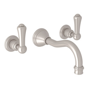Georgian Era Wall Mount Widespread Bathroom Faucet - Satin Nickel with Metal Lever Handle | Model Number: U.3793LS-STN/TO-2 - Product Knockout