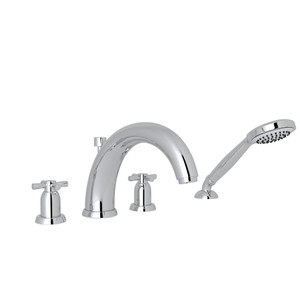 Holborn 4-Hole Deck Mount Modified C-Spout Bathtub Filler with Handshower - Polished Chrome with Cross Handle | Model Number: U.3849X-APC - Product Knockout