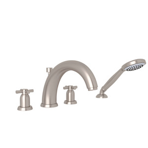 Holborn 4-Hole Deck Mount Modified C-Spout Bathtub Filler with Handshower - Satin Nickel with Cross Handle | Model Number: U.3849X-STN - Product Knockout