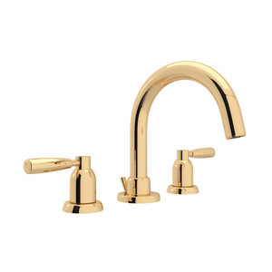 Holborn 3-Hole Tubular C-Spout Widespread Bathroom Faucet - English Gold with Metal Lever Handle | Model Number: U.3955LS-EG-2 - Product Knockout