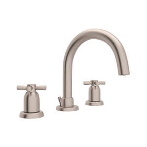 Holborn 3-Hole Tubular C-Spout Widespread Bathroom Faucet - Satin Nickel with Cross Handle | Model Number: U.3956X-STN-2 - Product Knockout