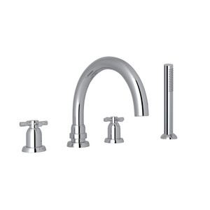 Holborn 4-Hole Deck Mount Tubular C-Spout Bathtub Filler with Handshower - Polished Chrome with Cross Handle | Model Number: U.3976X-APC - Product Knockout