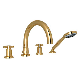 Holborn 4-Hole Deck Mount Tubular C-Spout Bathtub Filler with Handshower - Unlacquered Brass with Cross Handle | Model Number: U.3976X-ULB - Product Knockout