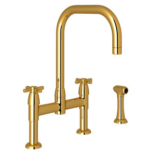 Holborn U-Spout Bridge Kitchen Faucet with Sidespray - Unlacquered Brass with Cross Handle | Model Number: U.4278X-ULB-2 - Product Knockout