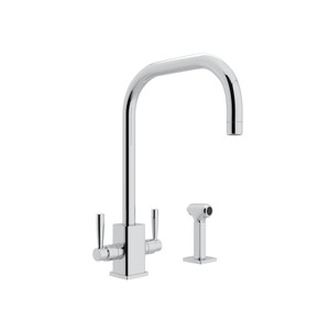 Holborn Single Hole U-Spout Kitchen Faucet with Square Body and Sidespray - Polished Chrome with Metal Lever Handle | Model Number: U.4310LS-APC-2 - Product Knockout