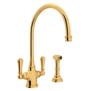 Georgian Era Single Hole Kitchen Faucet with Sidespray - English Gold with Metal Lever Handle | Model Number: U.4710EG-2 - Product Knockout