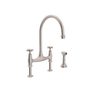 Georgian Era Bridge Kitchen Faucet with Sidespray - Satin Nickel with Cross Handle | Model Number: U.4718X-STN-2 - Product Knockout